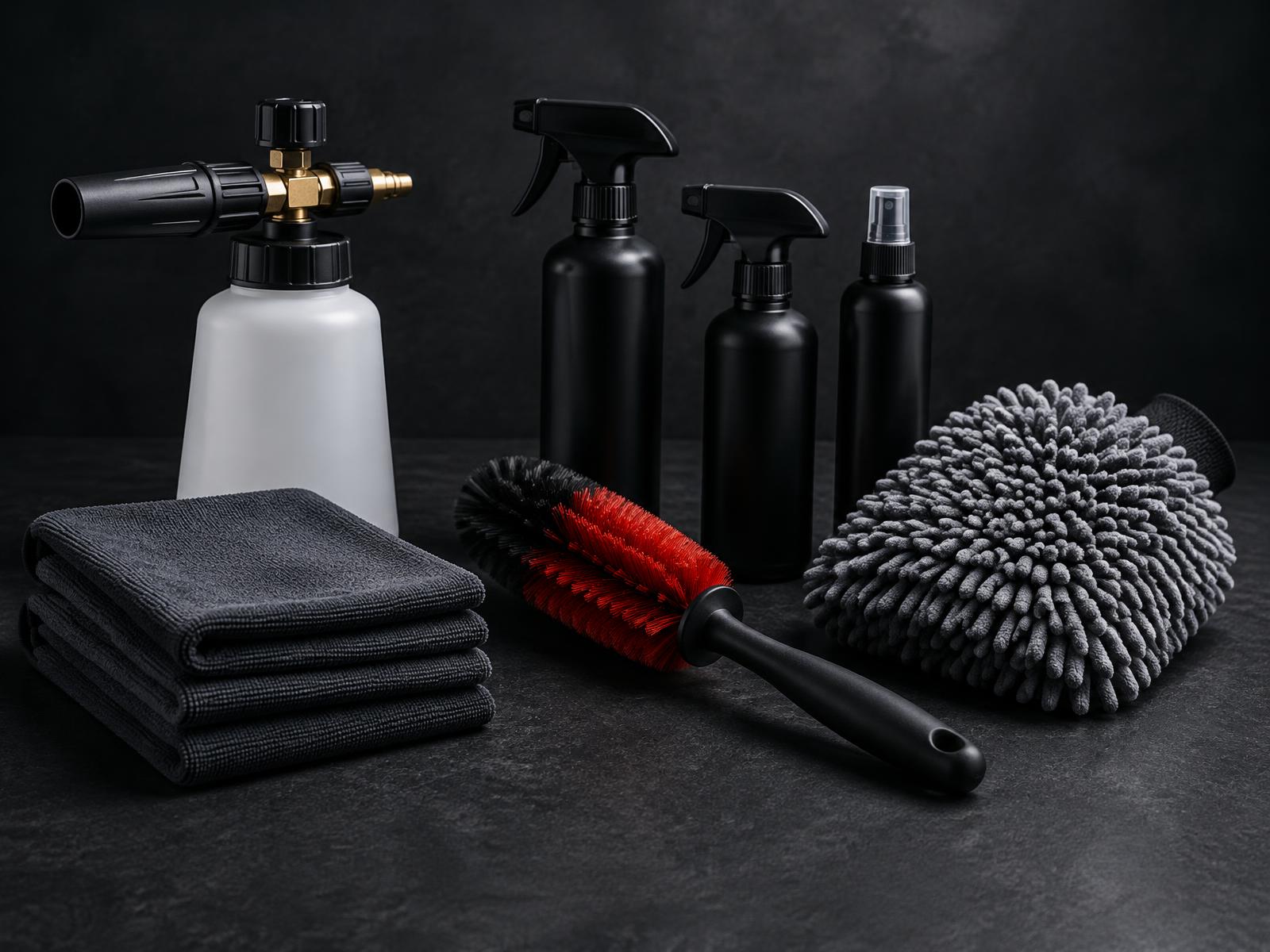 Professional car detailing products and tools arranged on a dark surface